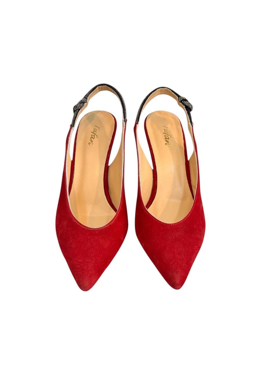 Kırmızı Hakiki Deri Süet Kristal Taş Bantlı Arkası Açık Topuklu Ayakkabı