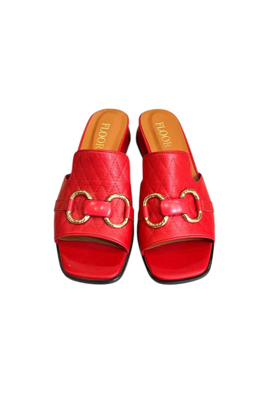 Kırmızı Hakiki Deri Tek Bant Üzeri Toka Detaylı Topuklu Terlik