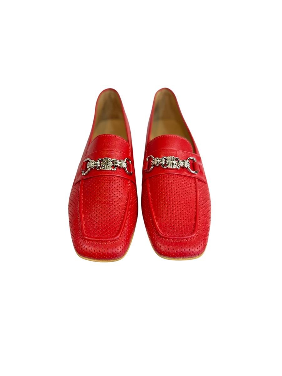 Kırmızı Hakiki Deri Toka Detay Zımbalı Loafer