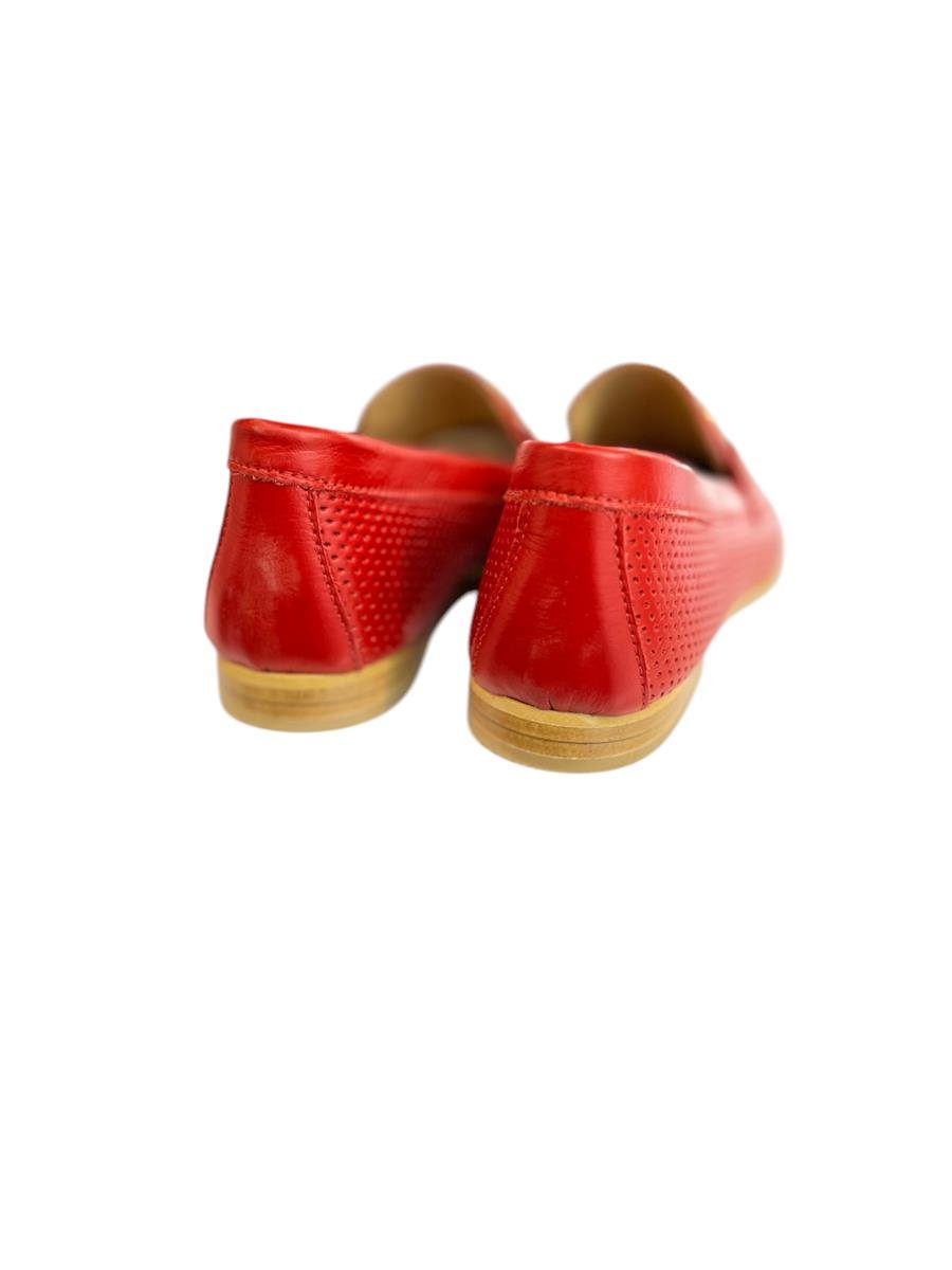 Kırmızı Hakiki Deri Toka Detay Zımbalı Loafer