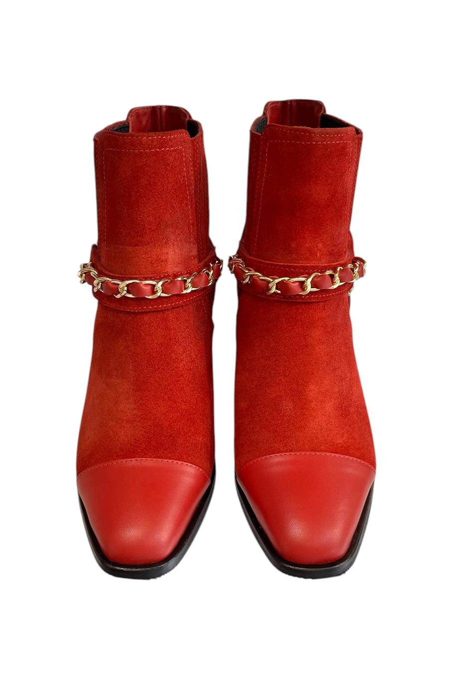 Kırmızı Hakiki Süet Deri Zincir Detay Bot