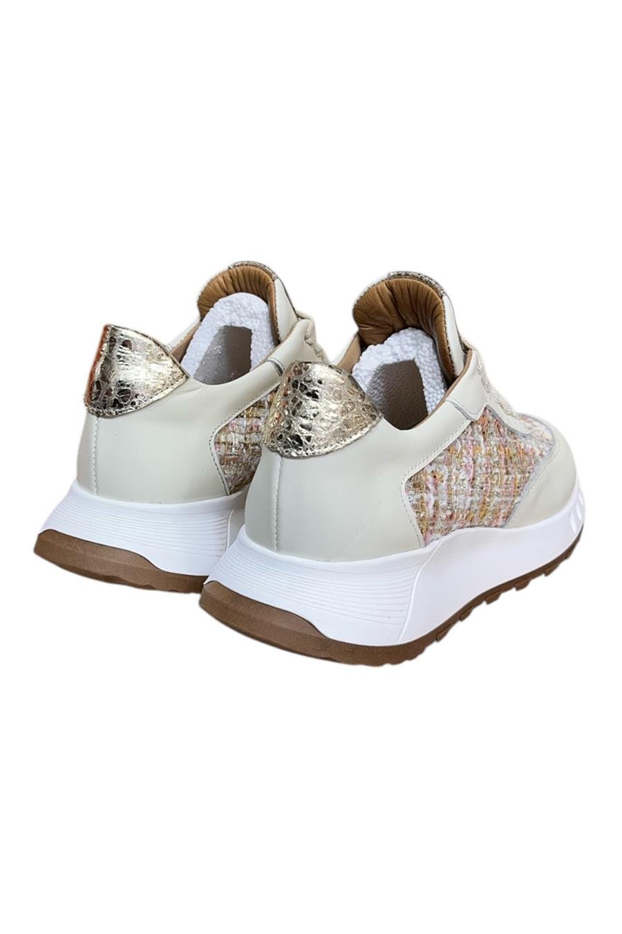 Krem Hakiki Deri  Hasır Desenli Comfort Taban Bağcıklı Sneaker