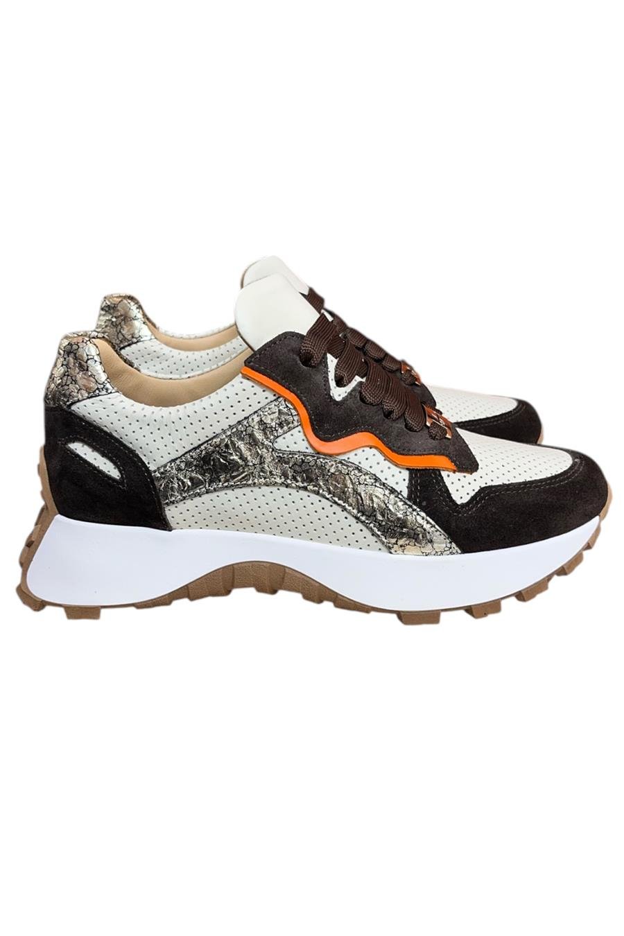 Krem Hakiki Deri Kahve Garnili Comfort Taban Bağcıklı Sneaker