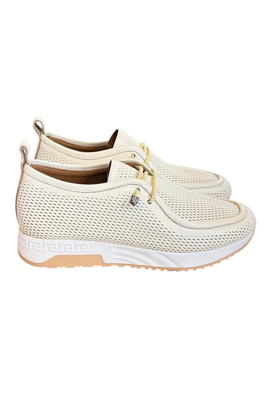 Krem Hakiki Deri Lastik Bağlı Comfort Taban Günlük Ayakkabı