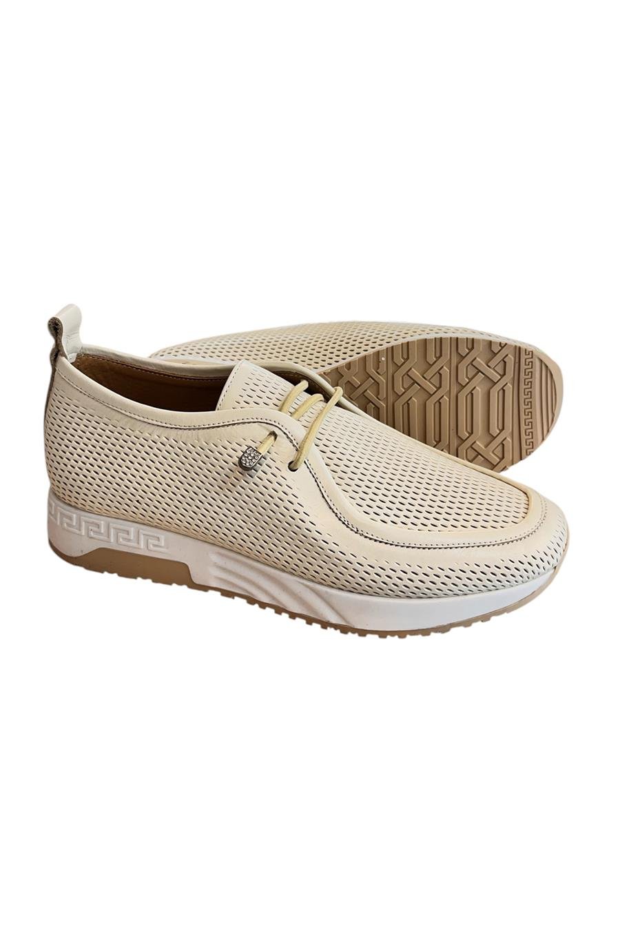 Krem Hakiki Deri Lastik Bağlı Comfort Taban Günlük Ayakkabı