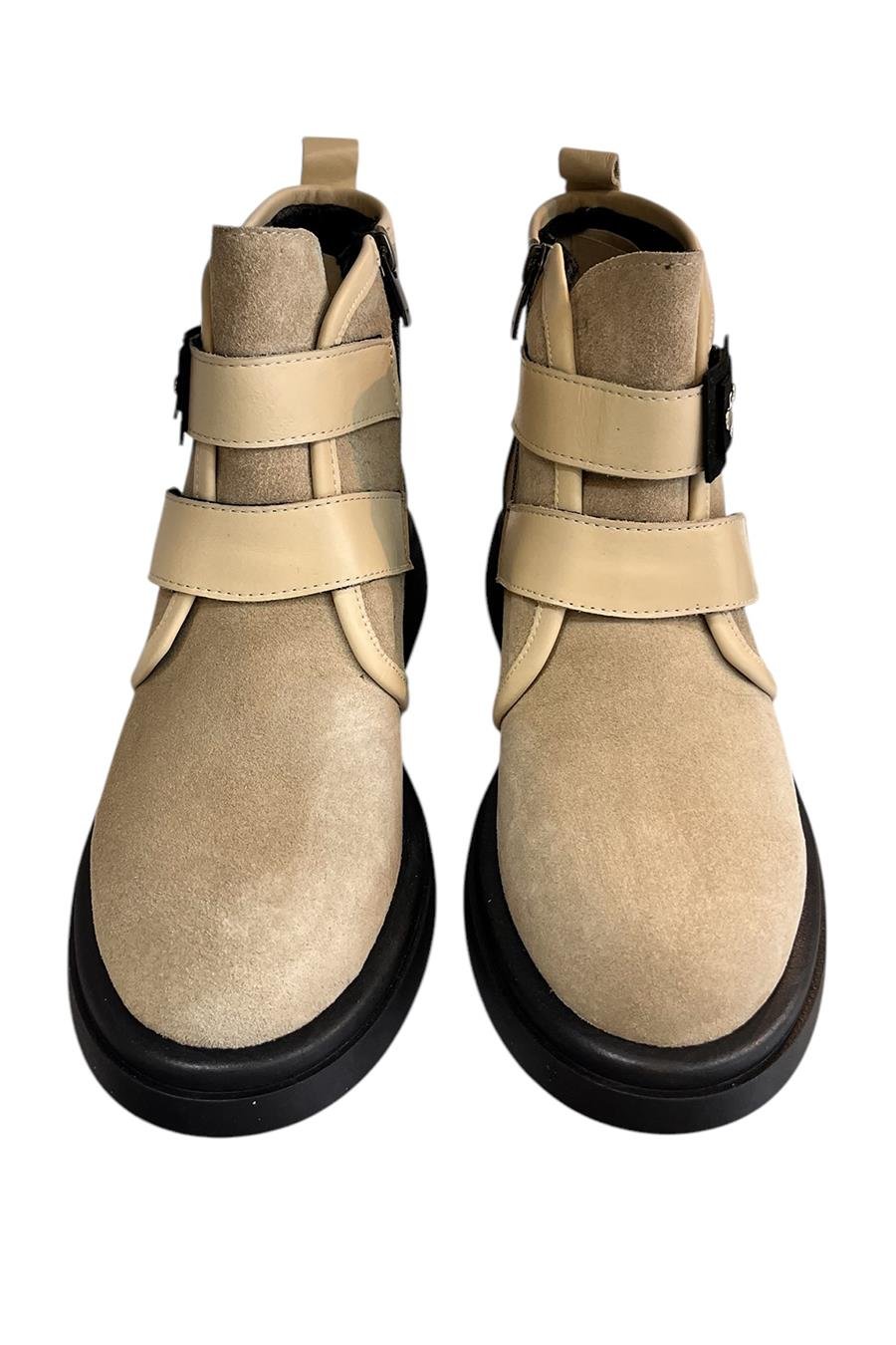 Krem Hakiki Süet Deri Çift Cırt Bantlı Bot