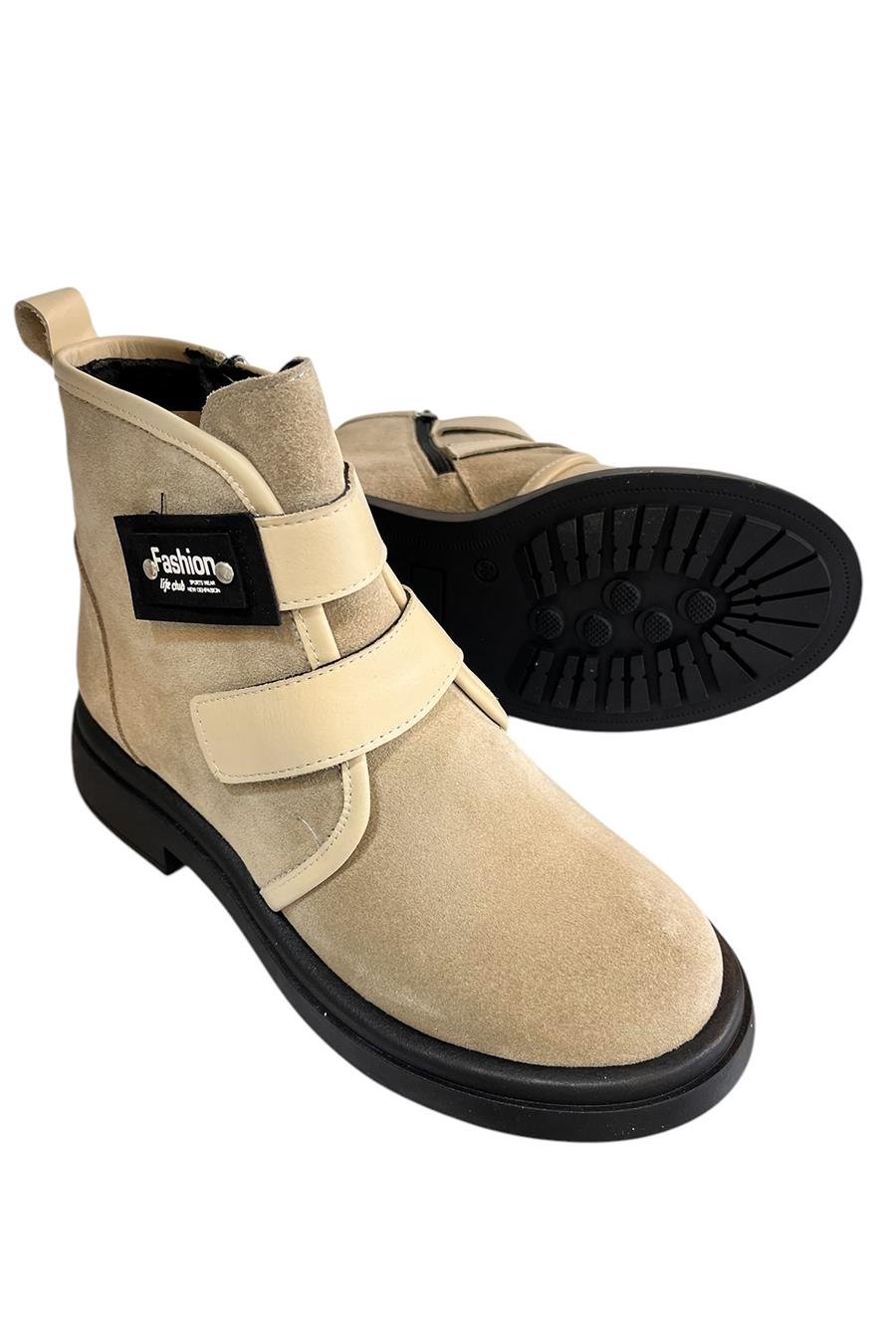 Krem Hakiki Süet Deri Çift Cırt Bantlı Bot