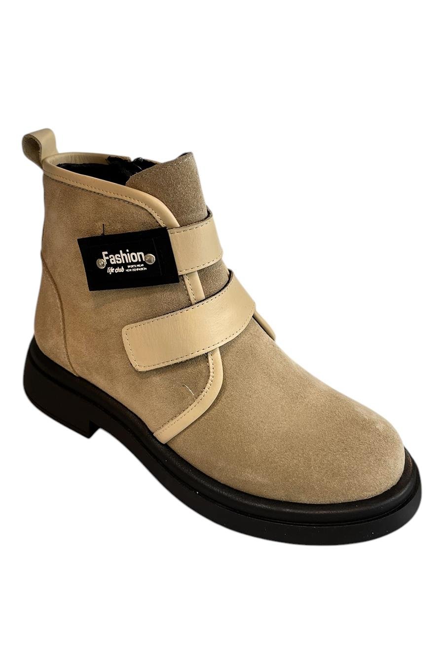 Krem Hakiki Süet Deri Çift Cırt Bantlı Bot