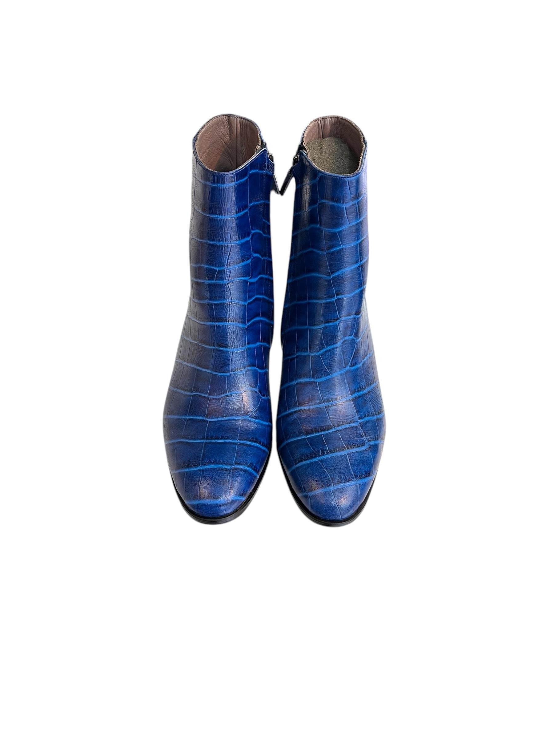 Lacivert Hakiki Deri Krokodil Topuklu Bot 