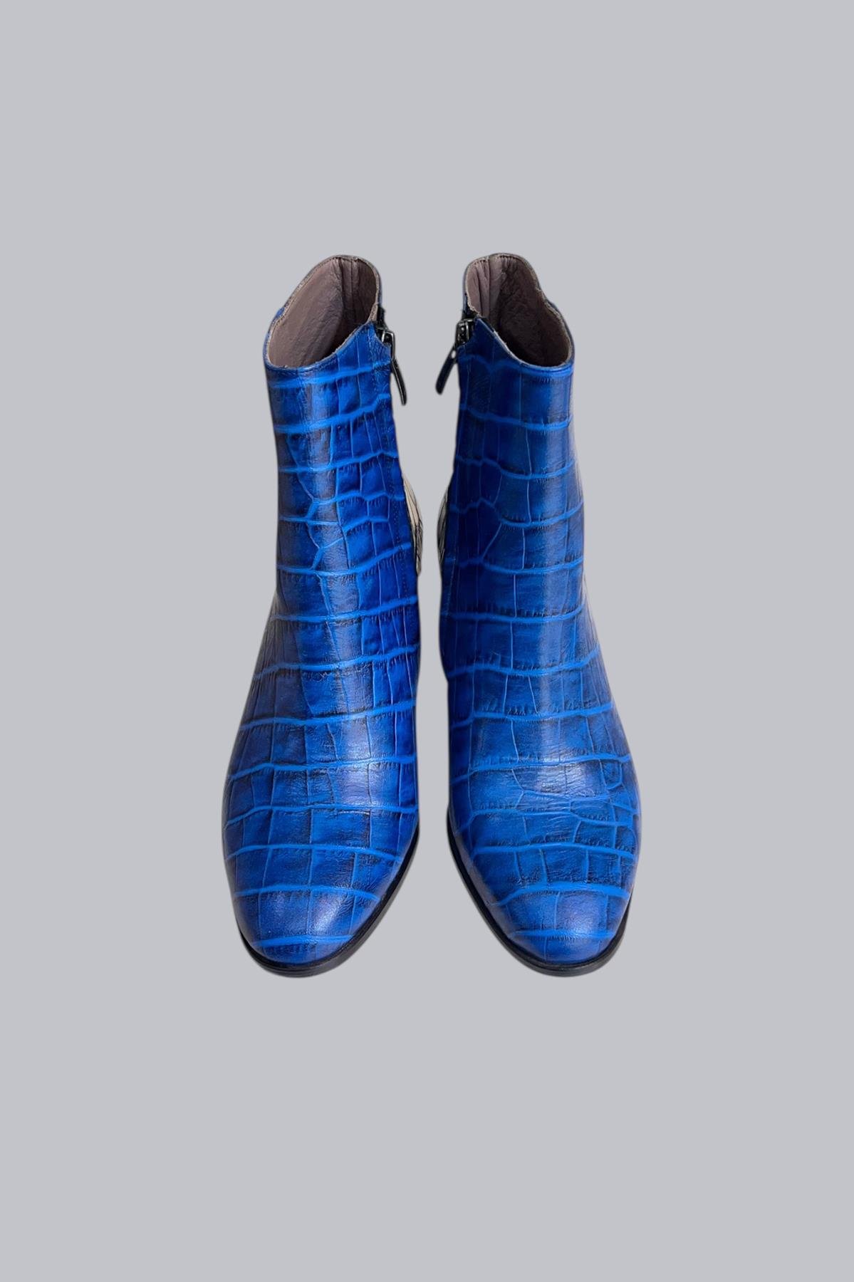 Lacivert Hakiki Deri Krokodil Topuklu Bot 
