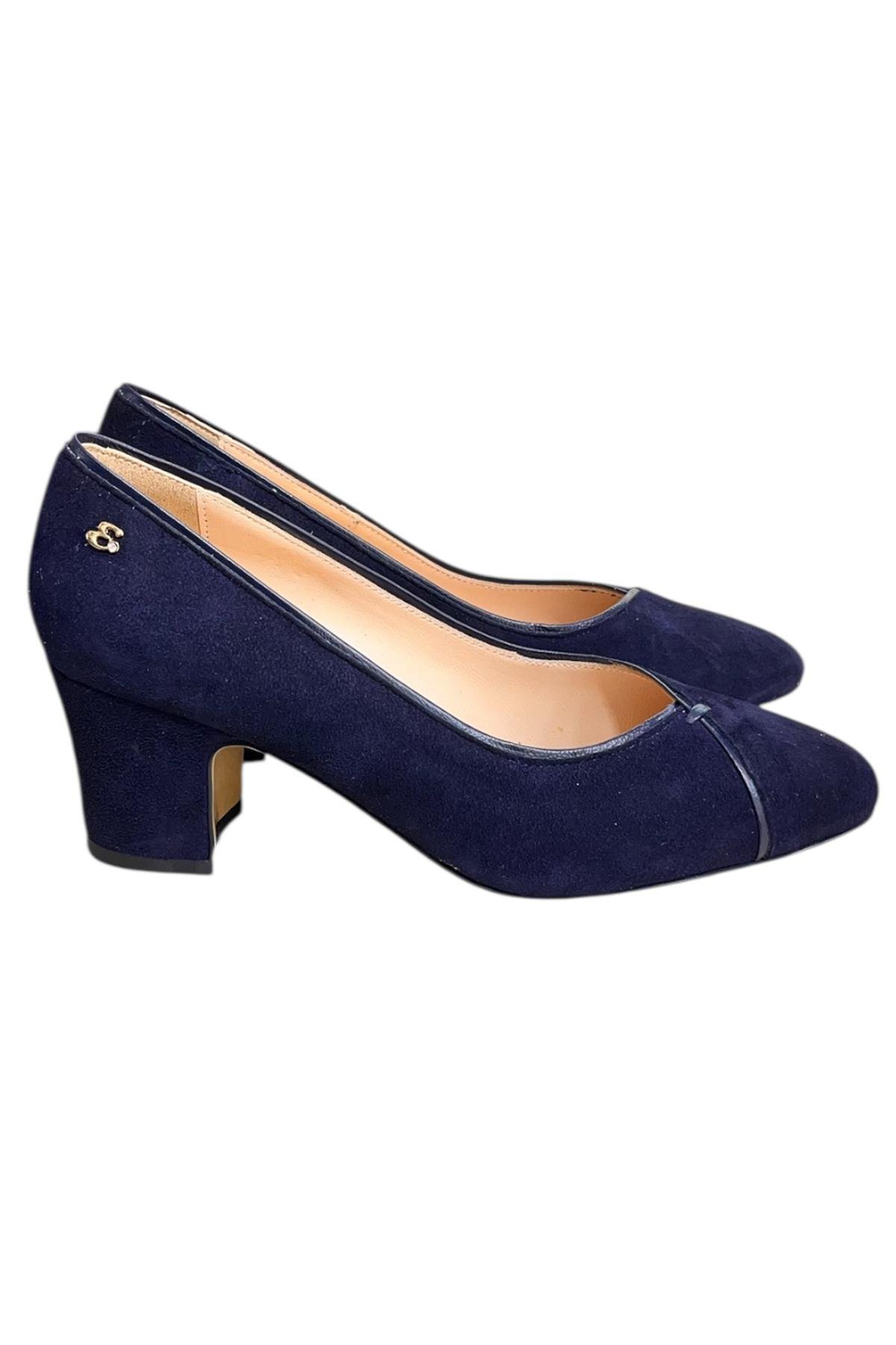 Lacivert  Hakiki Deri Süet Biye Detay Topuklu Ayakkabı