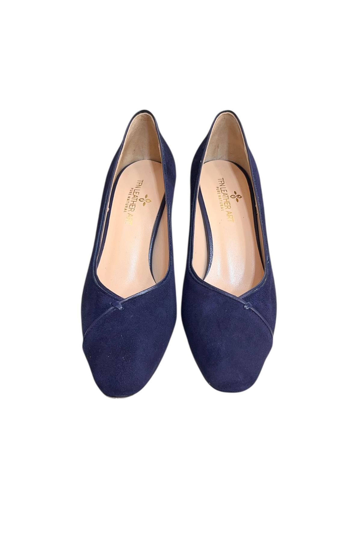 Lacivert  Hakiki Deri Süet Biye Detay Topuklu Ayakkabı