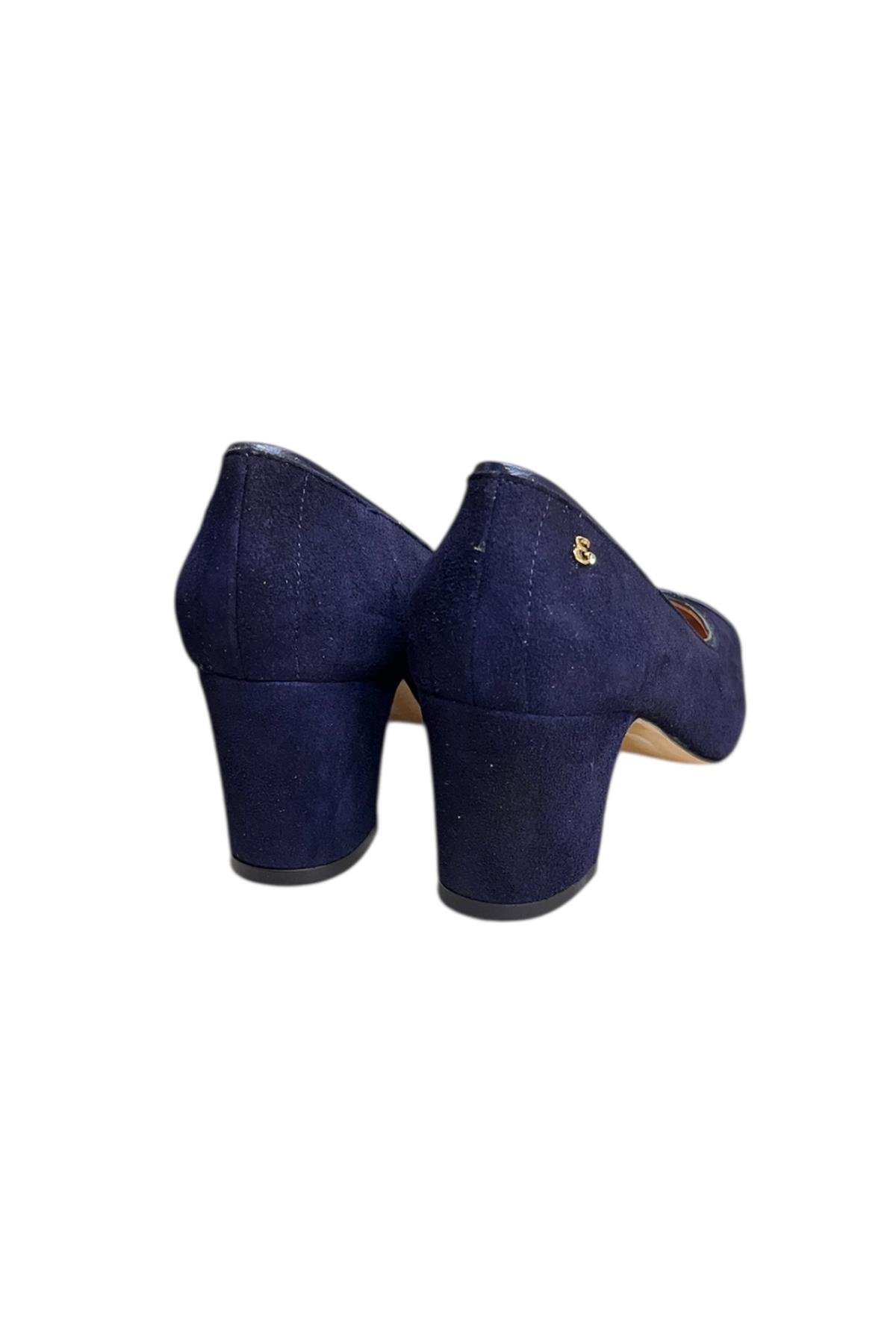 Lacivert  Hakiki Deri Süet Biye Detay Topuklu Ayakkabı