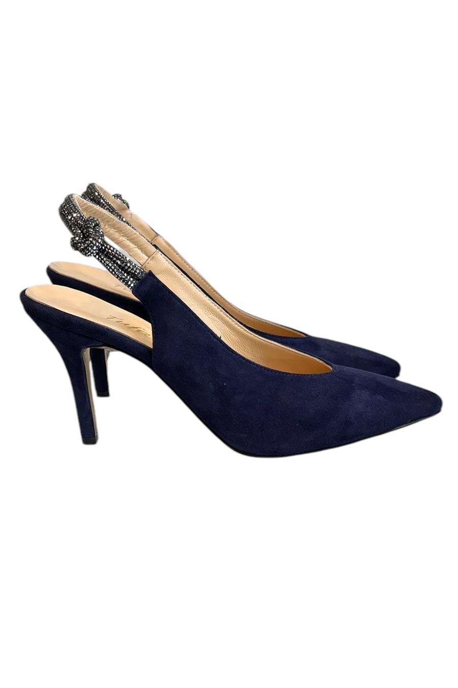Lacivert Hakiki Deri Süet Kristal Taş Bantlı Arkası Açık Topuklu Ayakkabı