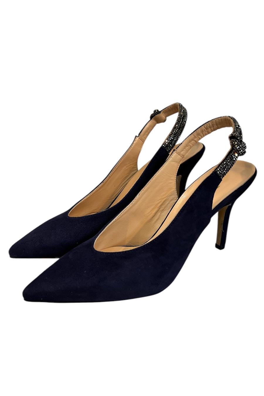 Lacivert Hakiki Deri Süet Kristal Taş Bantlı Arkası Açık Topuklu Ayakkabı