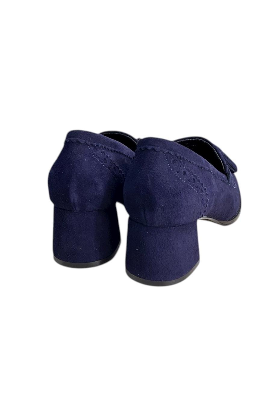 Lacivert Hakiki Deri Süet Püskül Detay Topuklu Ayakkabı