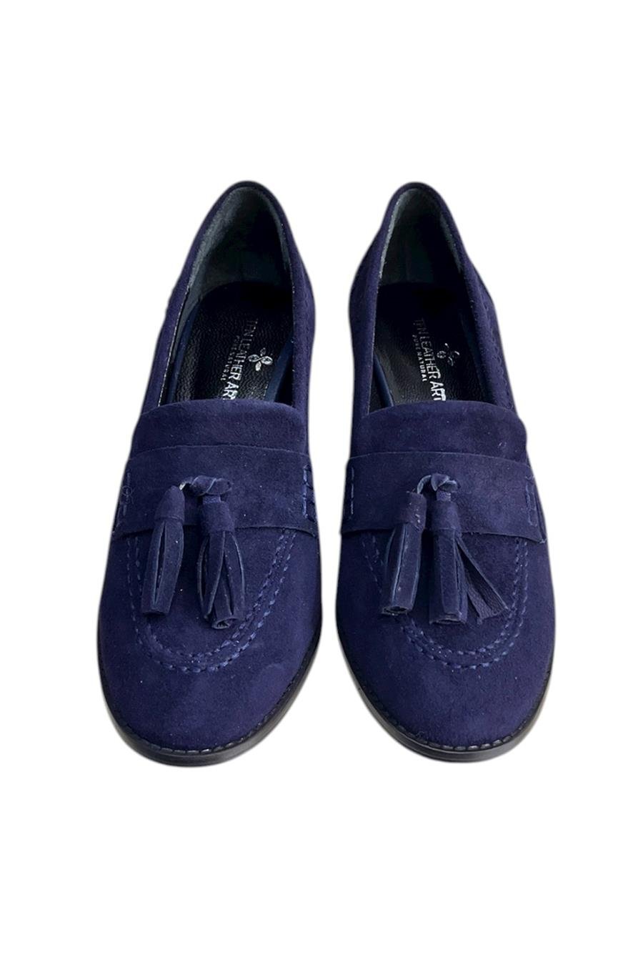 Lacivert Hakiki Deri Süet Püskül Detay Topuklu Ayakkabı