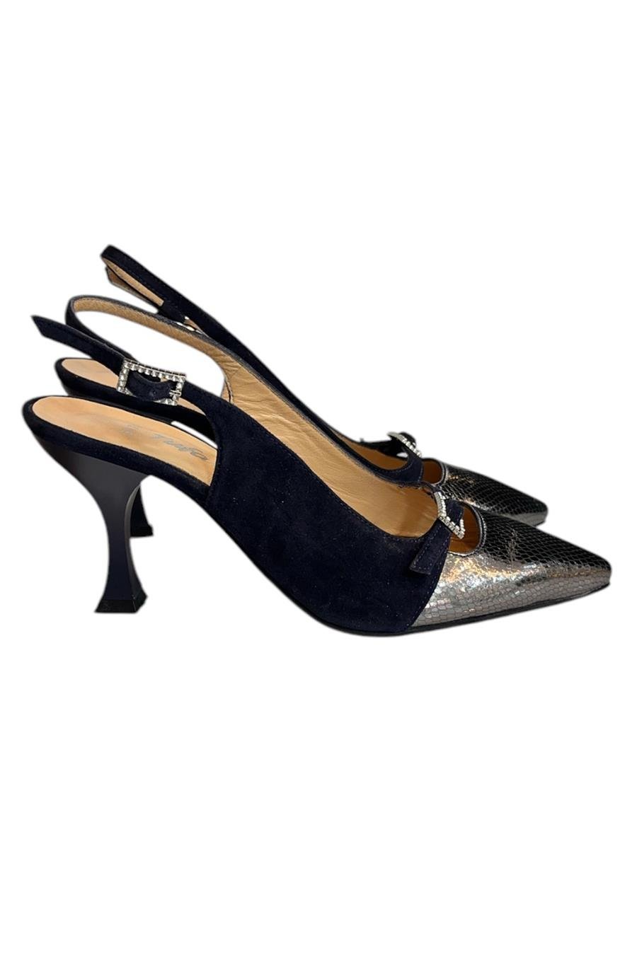 Lacivert Hakiki Deri Süet Toka Detay Arkası Açık Topuklu Ayakkabı
