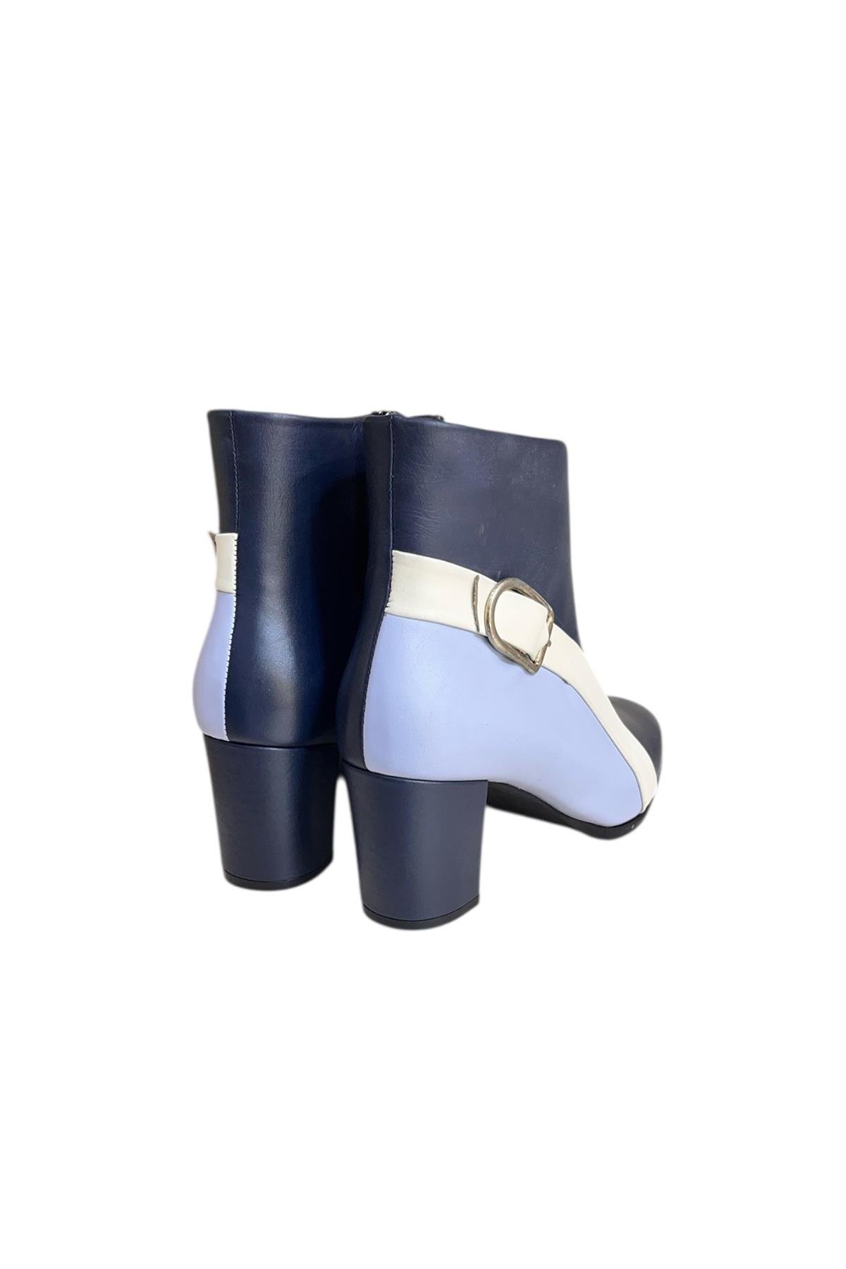 Lacivert Hakiki Deri Topuklu Bot Renk Geçişli