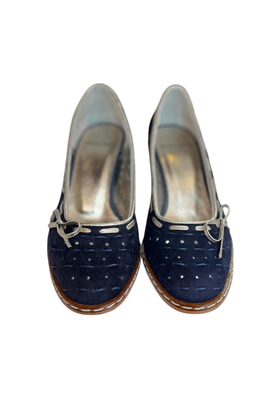 Lacivert Hakiki Süet Deri Fiyonk Detay Topuklu Ayakkabı