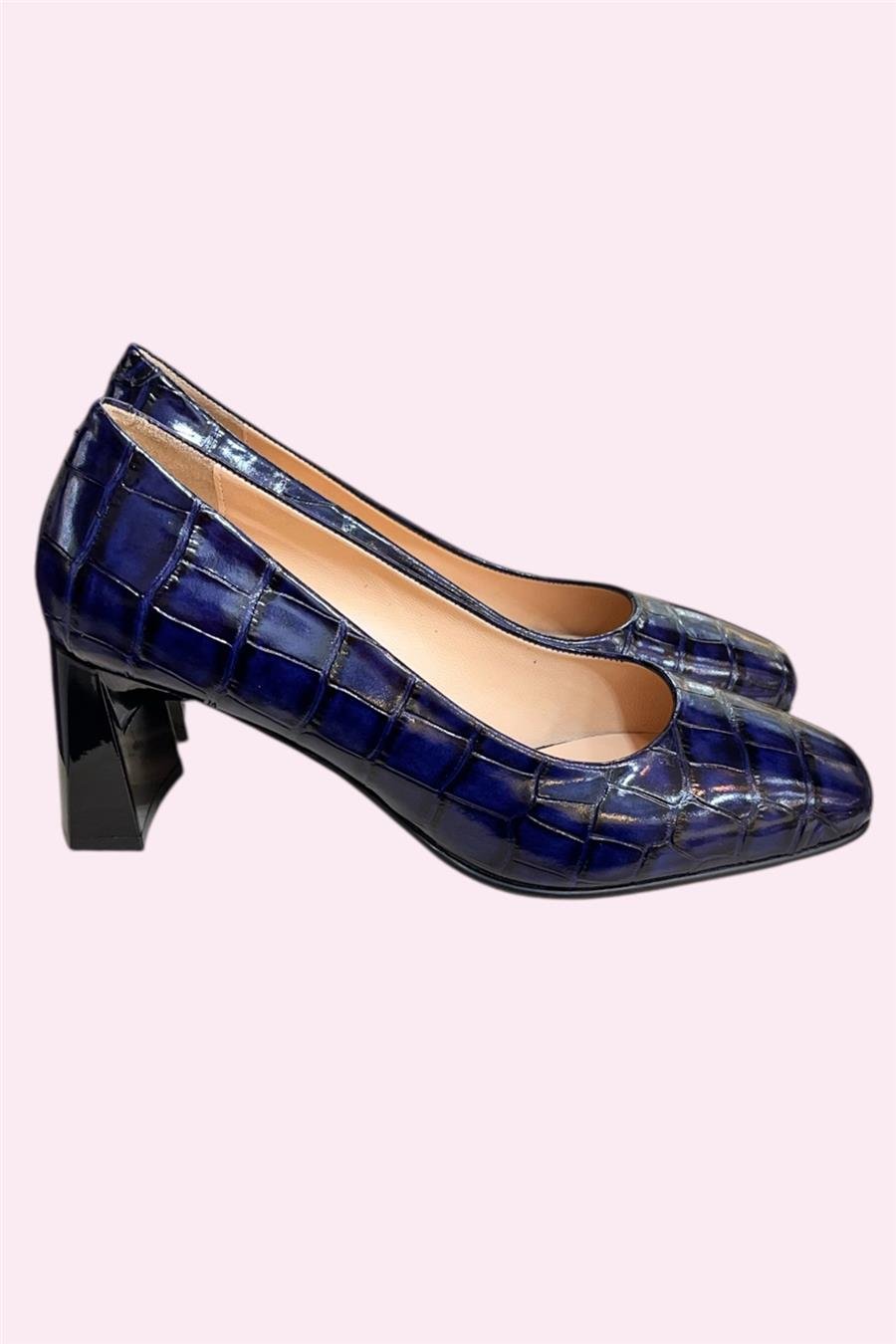 Lacivert  Krokodil Hakiki Deri Topuklu Ayakkabı