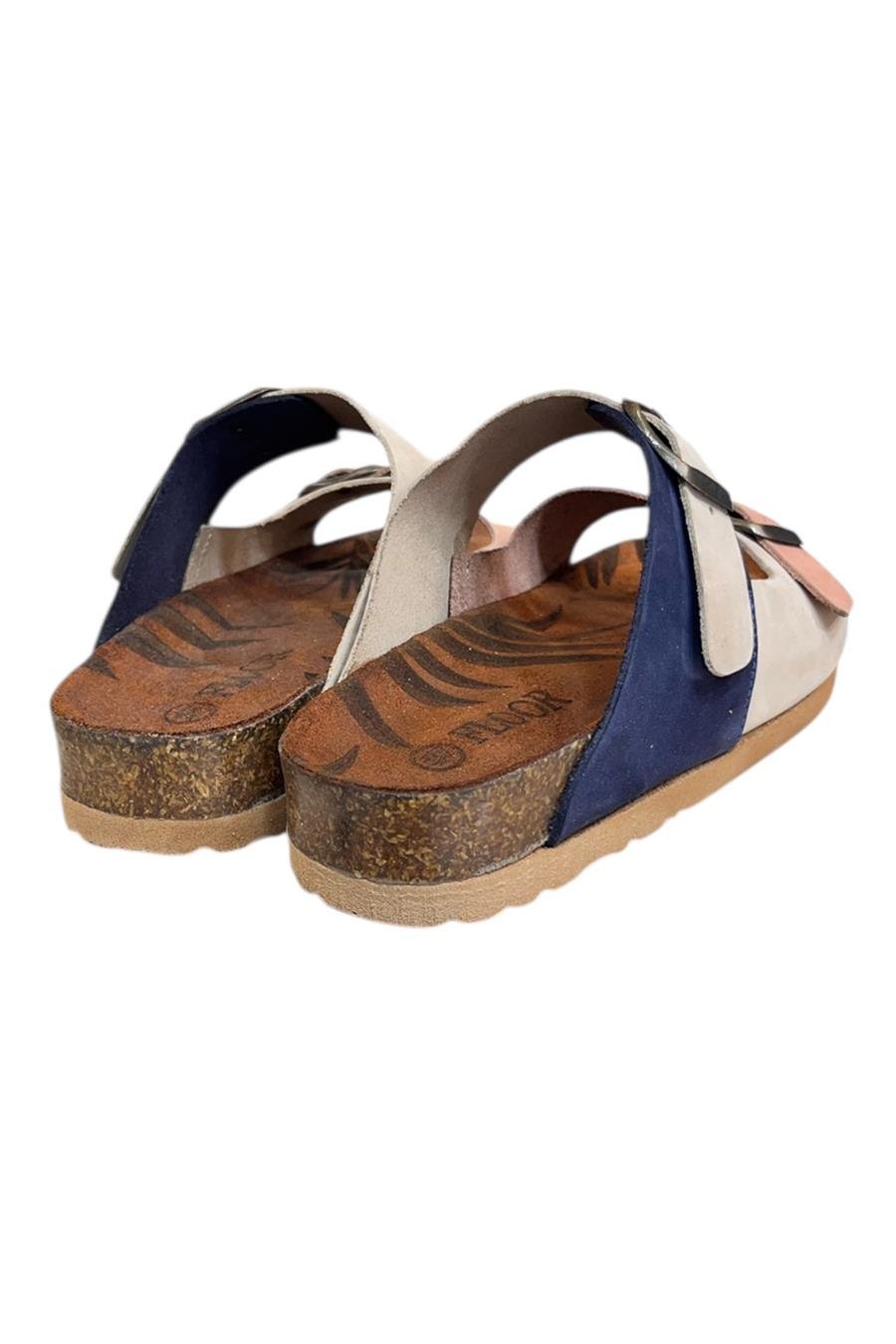 Lacivert Multi Hakiki Deri Nubuk Çift Bant Tokalı Mantar Taban Terlik