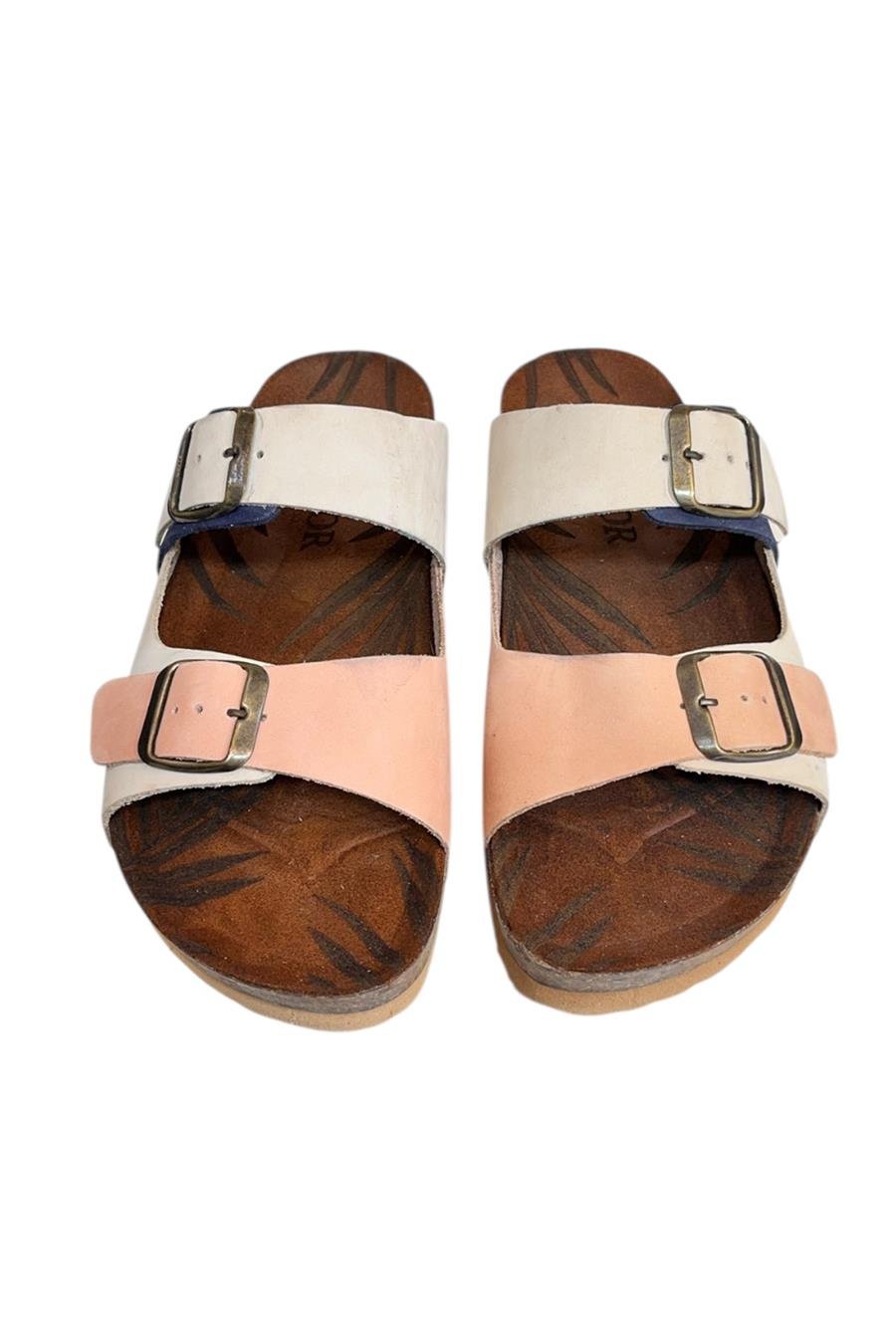 Lacivert Multi Hakiki Deri Nubuk Çift Bant Tokalı Mantar Taban Terlik