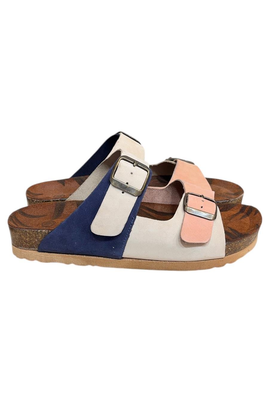 Lacivert Multi Hakiki Deri Nubuk Çift Bant Tokalı Mantar Taban Terlik