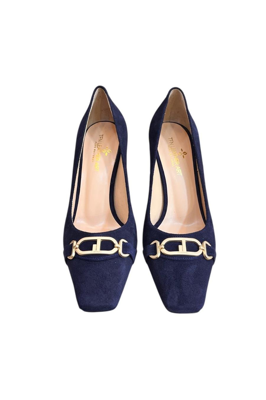 Lacivert Süet Hakiki Deri Toka Detay Topuklu Ayakkabı