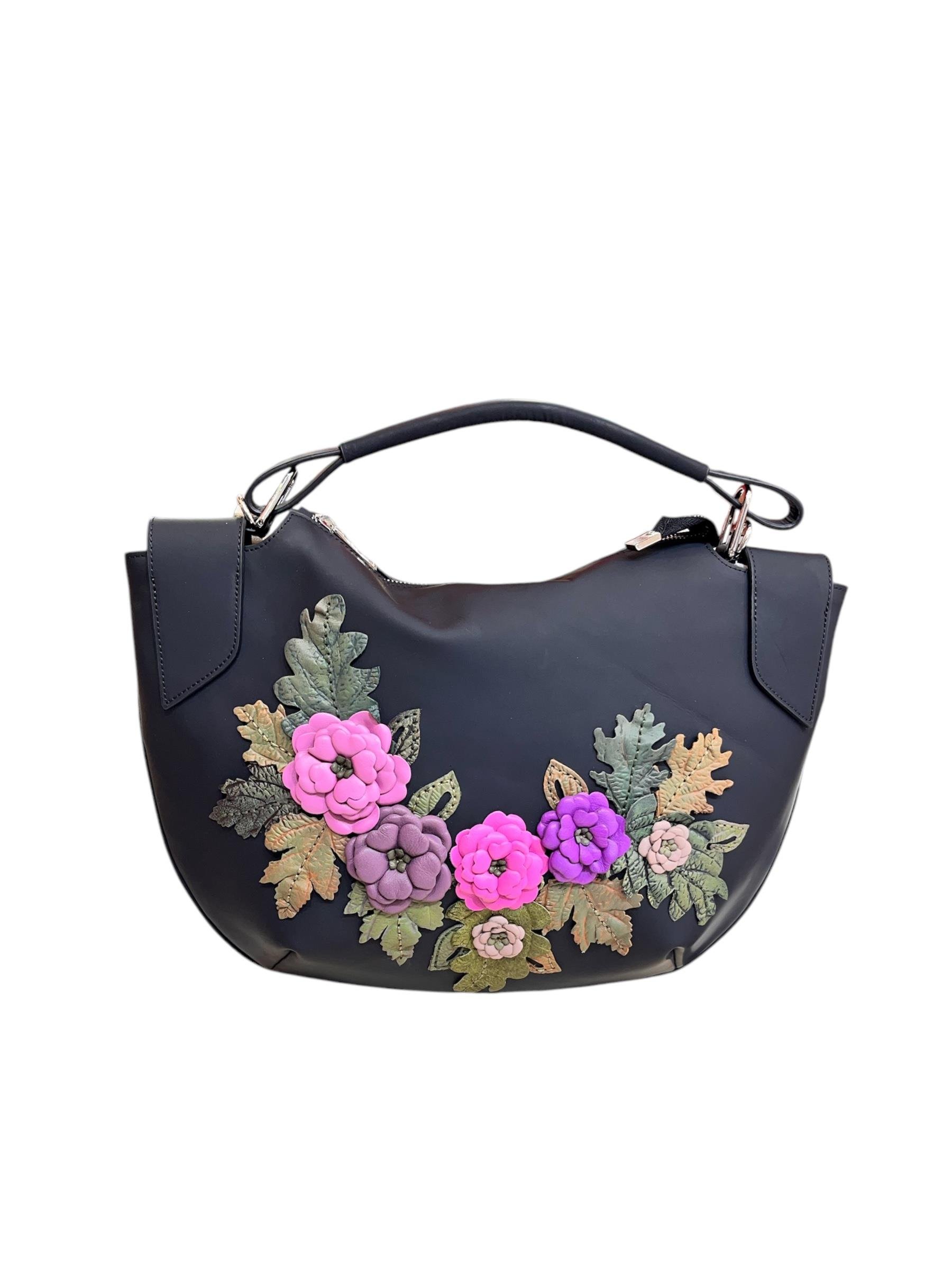 Mat Siyah Hakiki Deri Çiçek Motifli El Yapımı Omuz ve El Çantası