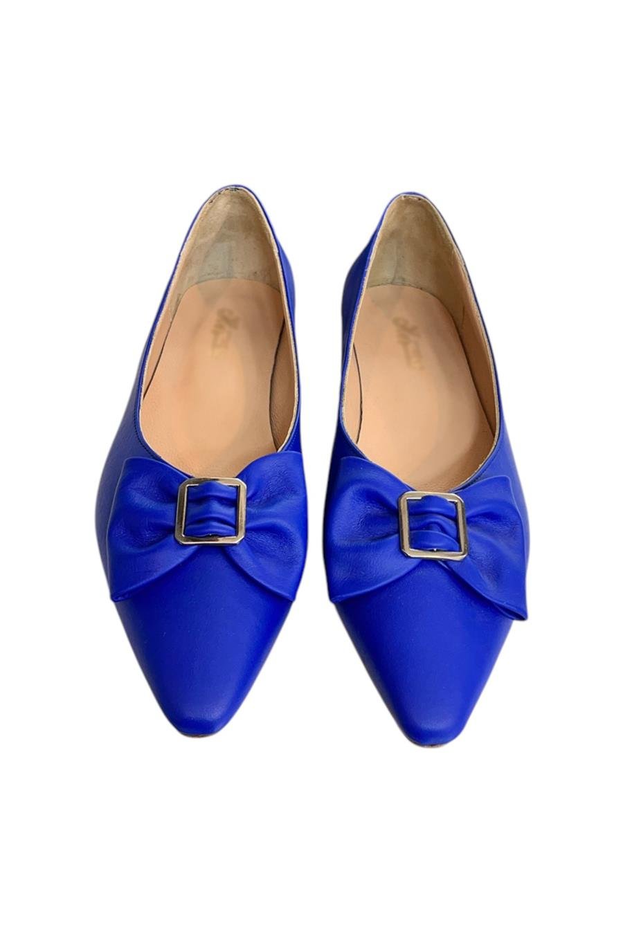 Mavi Hakiki Deri Fiyonk Tokalı Babet Ayakkabı