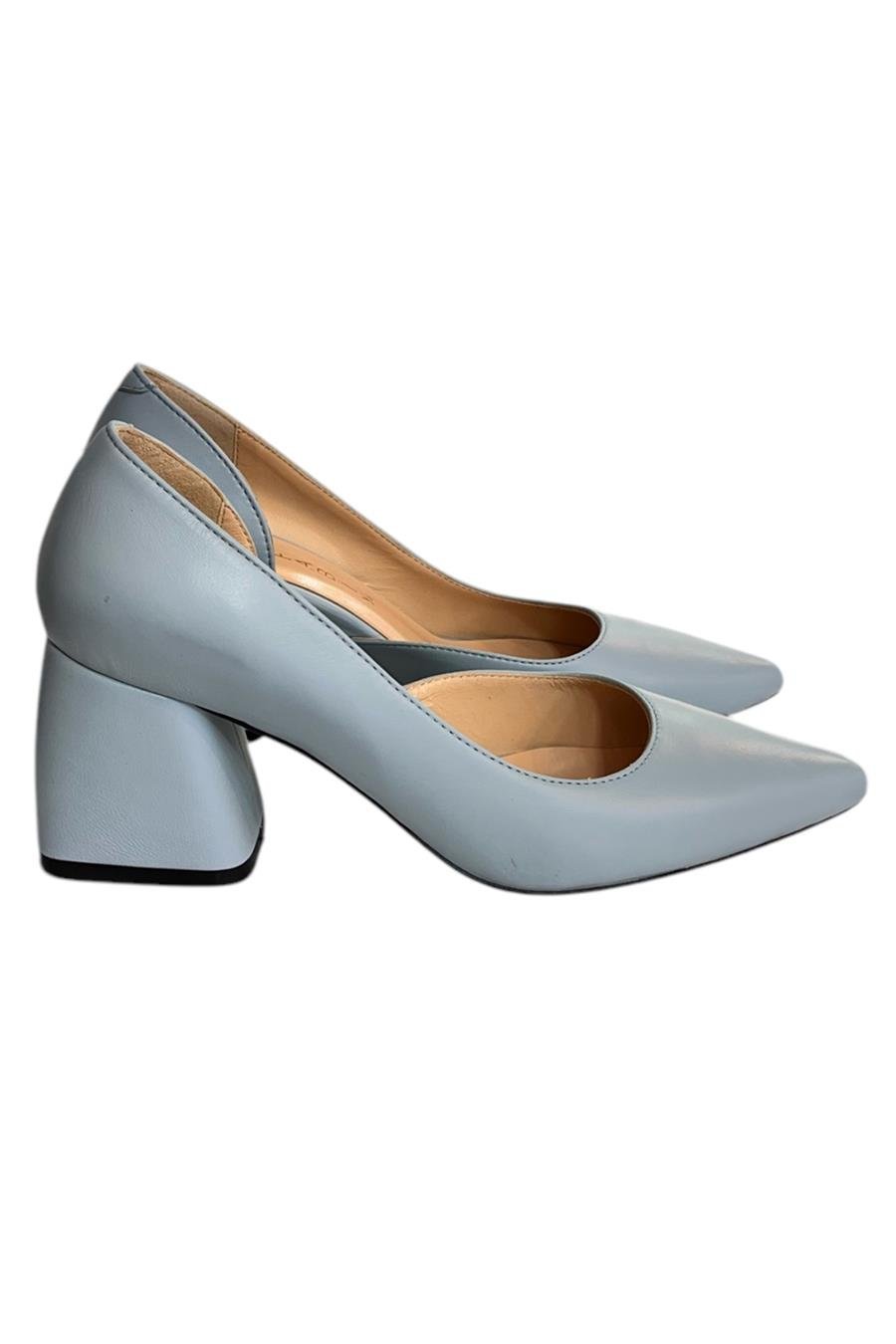 Mavi Hakiki Deri Mabeyn Topuklu Ayakkabı