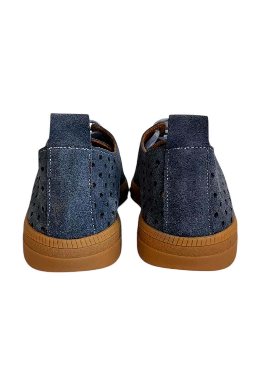 Mavi Hakiki Deri Süet Delikli Comfort Taban Bağcıklı Ayakkabı