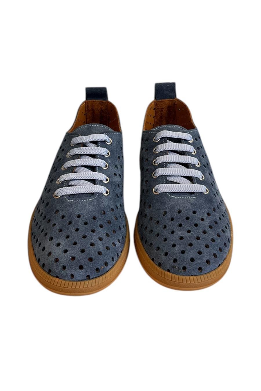 Mavi Hakiki Deri Süet Delikli Comfort Taban Bağcıklı Ayakkabı