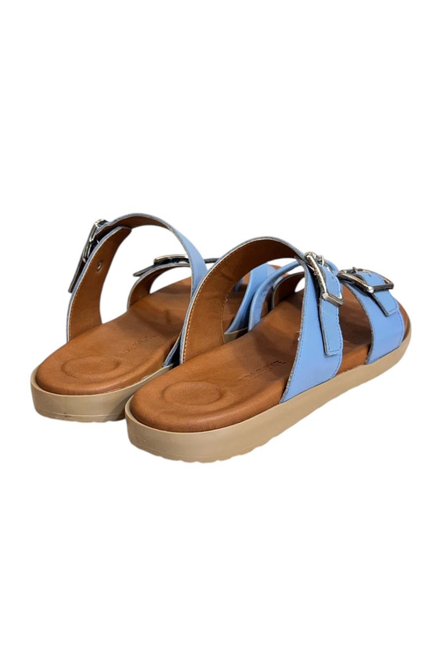 Mavi Hakiki Deri Topuk ve Taban Destekli Parmak Arası Terlik