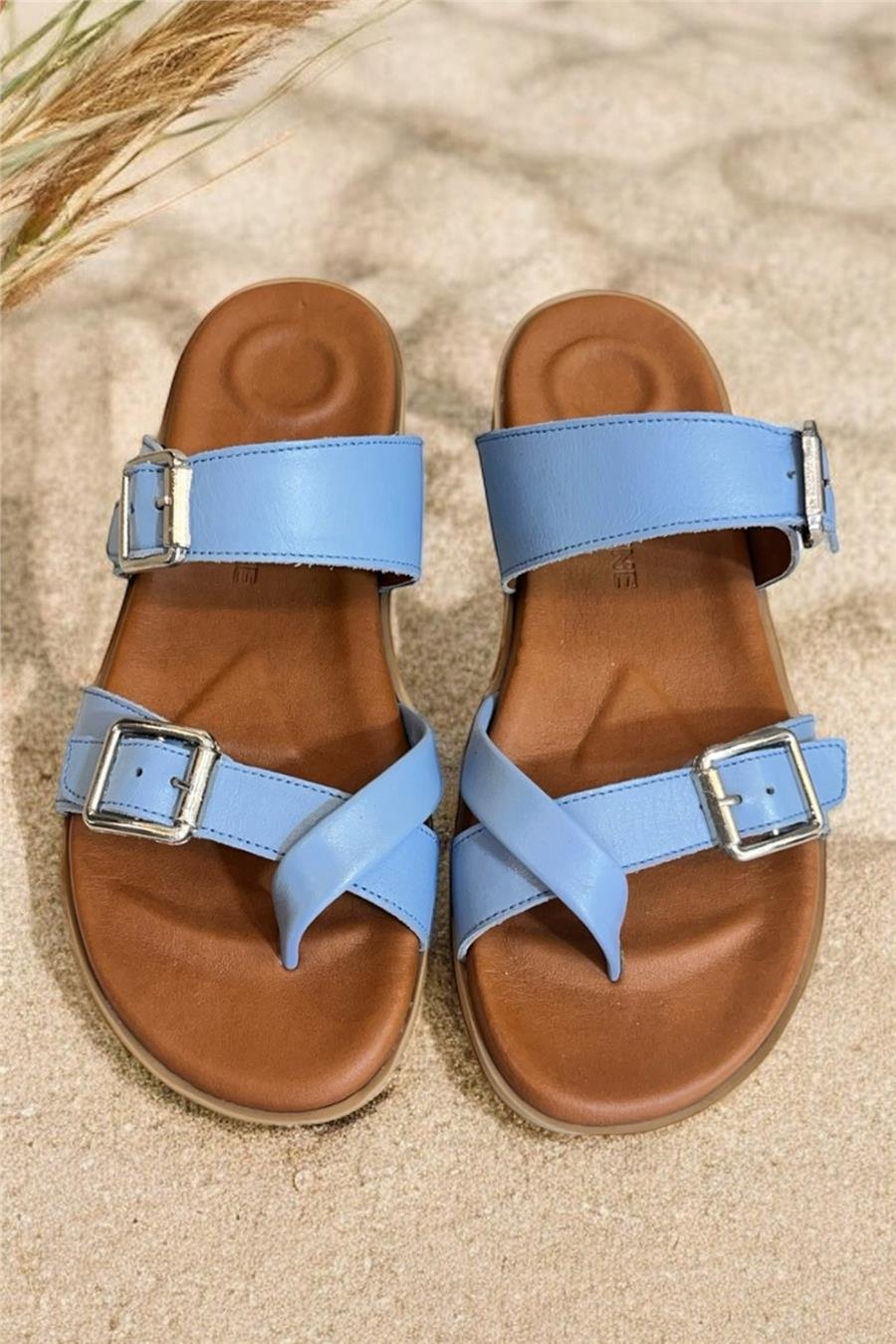 Mavi Hakiki Deri Topuk ve Taban Destekli Parmak Arası Terlik