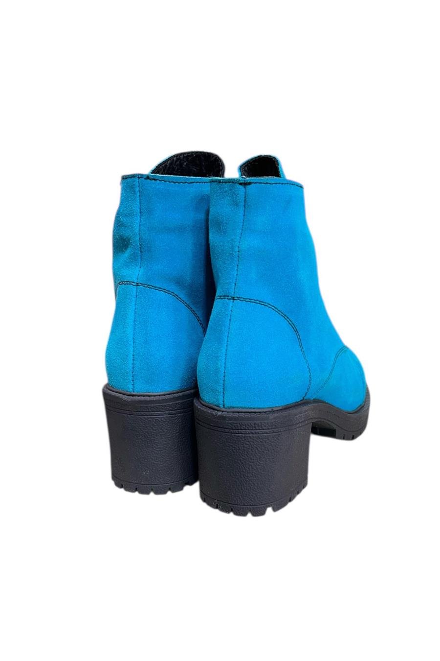 Mavi Hakiki Süet  Bağcık Detay  Yandan Fermuarlı Kalın Topuk Bot