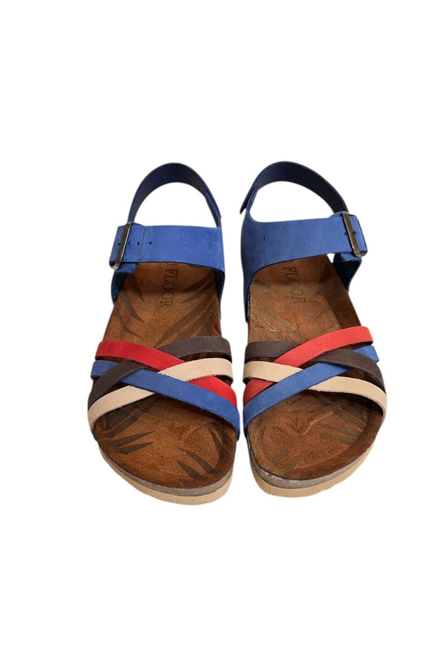 Mavi Multi Hakiki Deri Çapraz Bant Bilekten Bağlı Mantar Sandalet