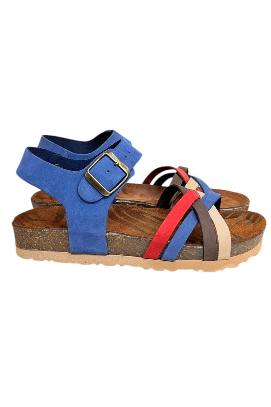 Mavi Multi Hakiki Deri Çapraz Bant Bilekten Bağlı Mantar Sandalet