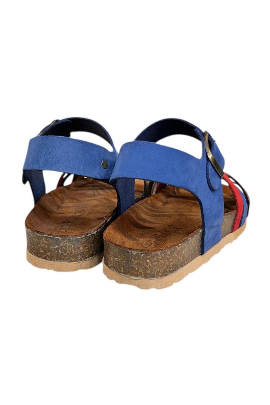 Mavi Multi Hakiki Deri Çapraz Bant Bilekten Bağlı Mantar Sandalet
