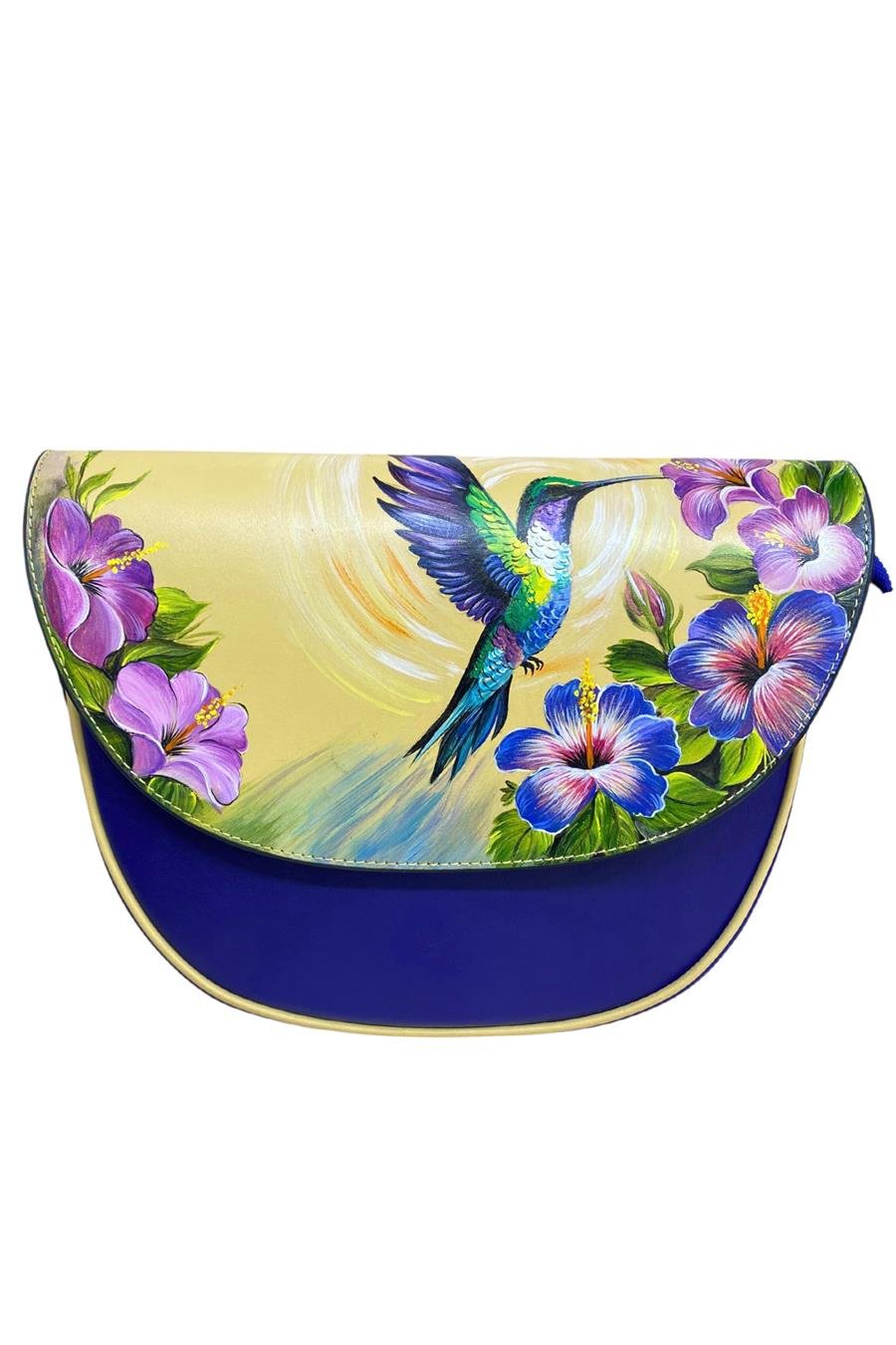 Mor Hakiki Deri Kuş Desenli Deri Elde Boyama Çapraz Çanta