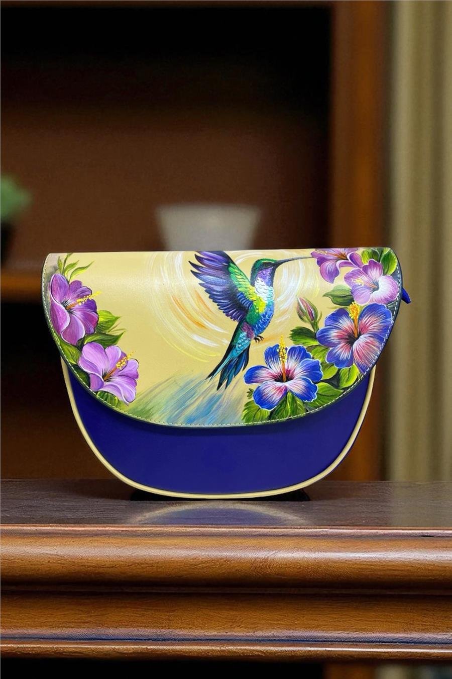 Mor Hakiki Deri Kuş Desenli Deri Elde Boyama Çapraz Çanta