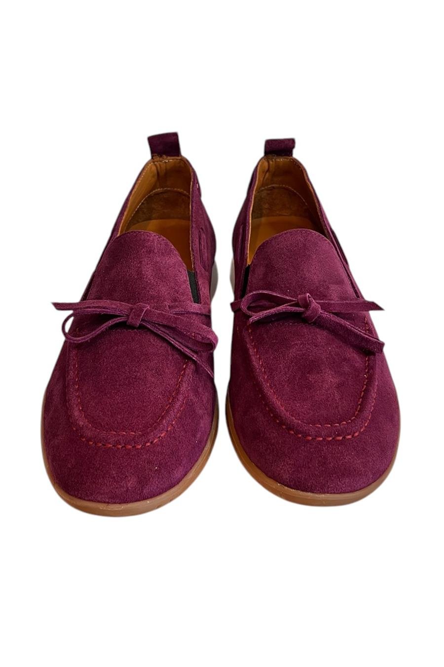 Mor Hakiki Deri Süet Fiyonk Detay Comfort Taban Loafer  