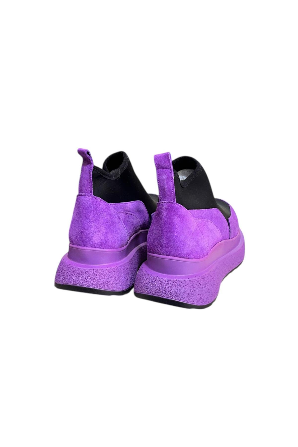 Mor  Hakiki Deri Süet Strech Yüzlü Bilekte Sneaker
