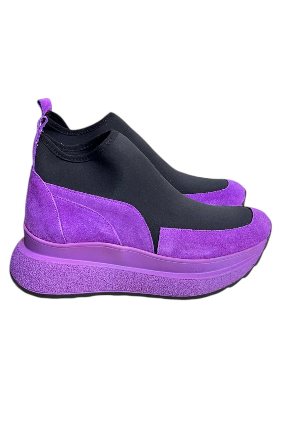 Mor  Hakiki Deri Süet Strech Yüzlü Bilekte Sneaker