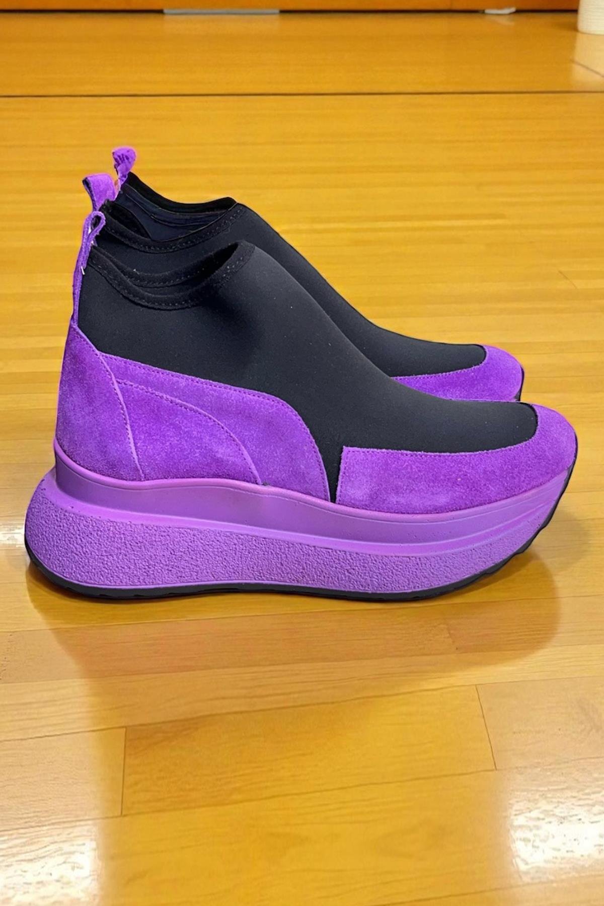 Mor  Hakiki Deri Süet Strech Yüzlü Bilekte Sneaker