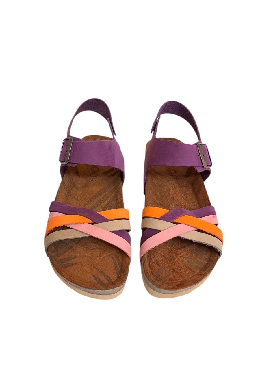 Mor Multi Hakiki Deri Çapraz Bant Bilekten Bağlı Mantar Sandalet
