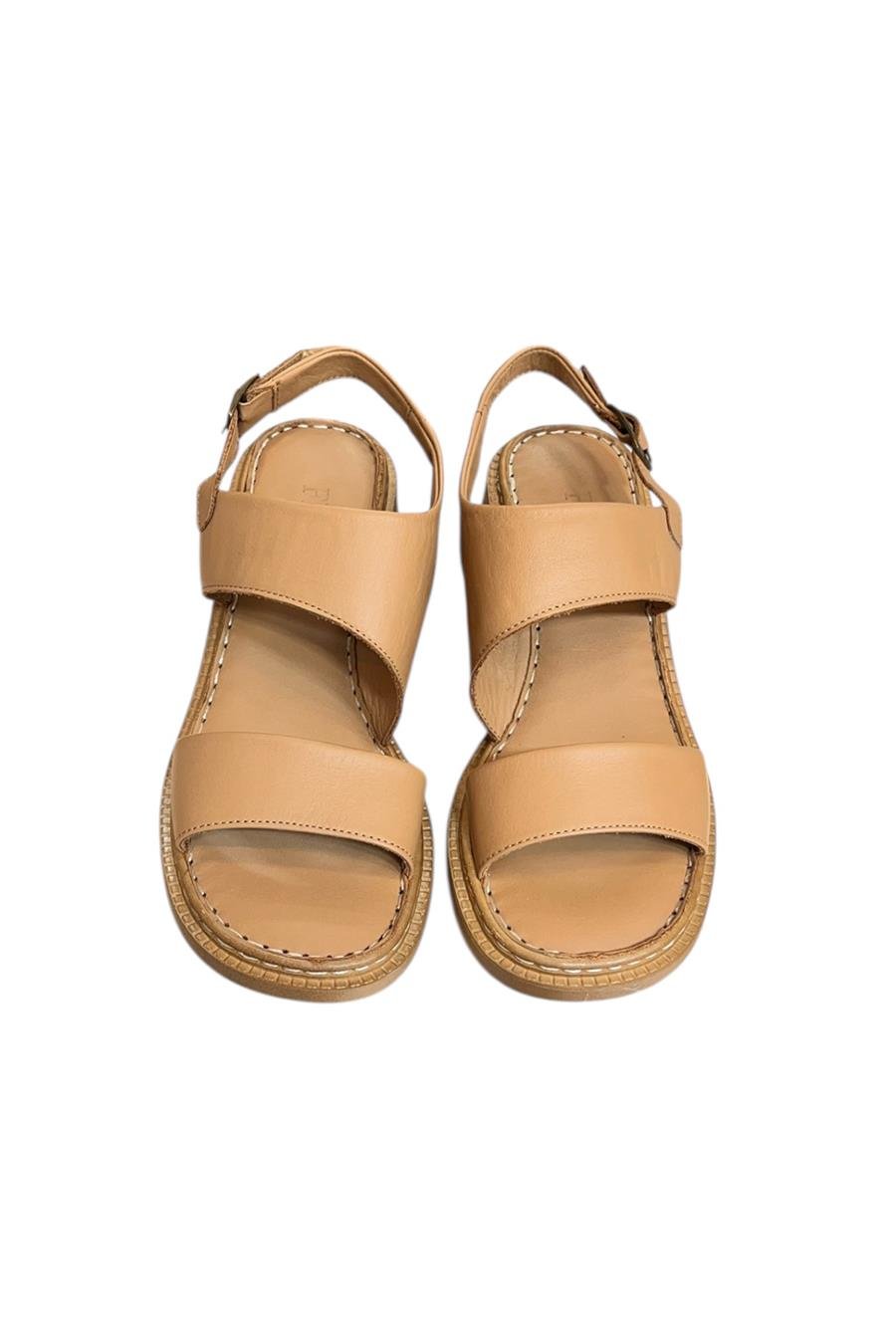 Nude Hakiki Deri Kalın Bant Yumuşak Taban Topuklu Sandalet