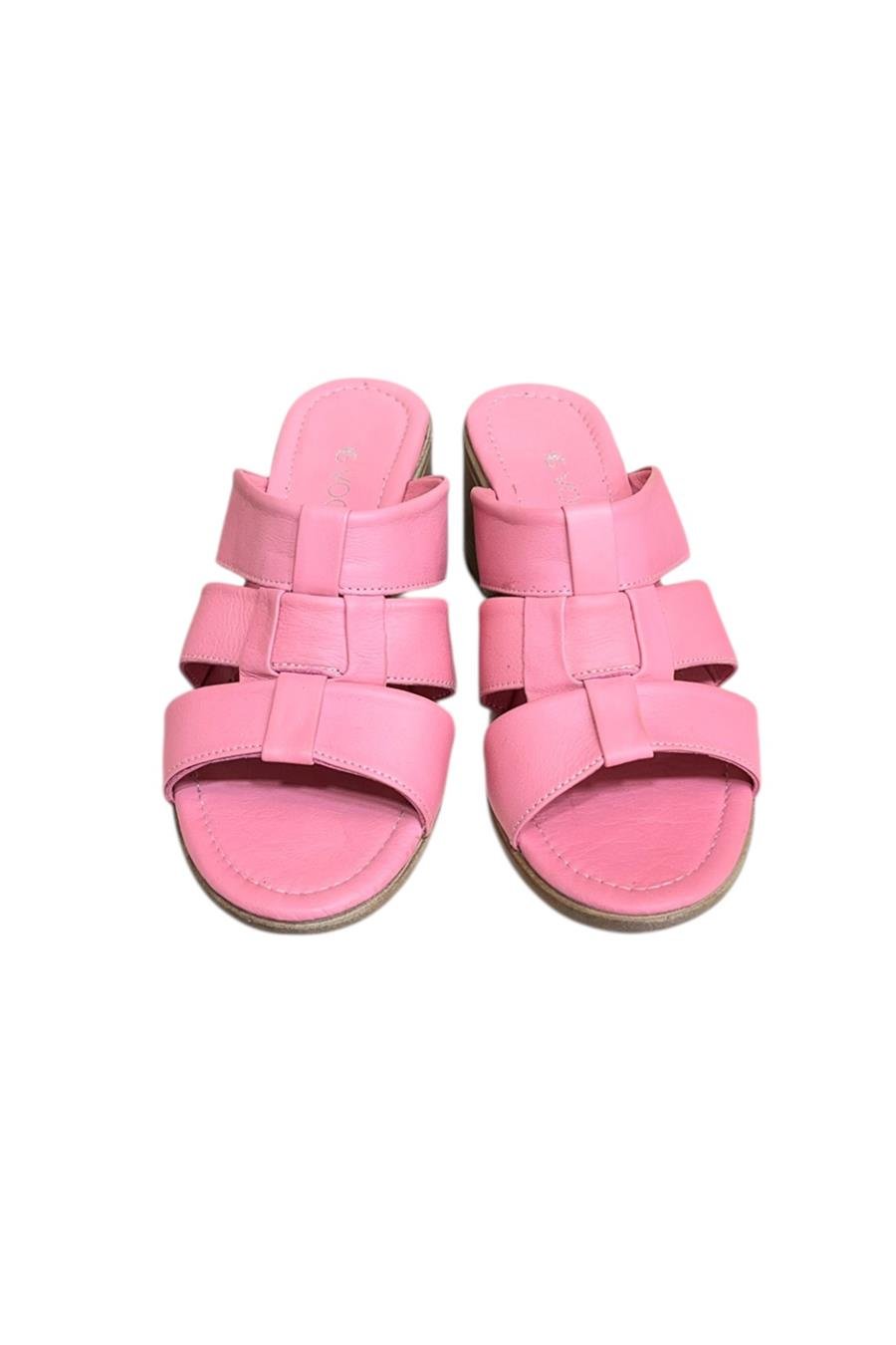 Pembe Hakiki Deri Bant Detaylı Topuklu Comfort Taban Terlik