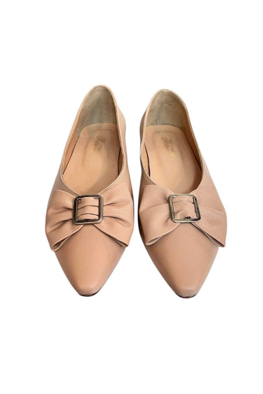 Pudra Hakiki Deri Fiyonk Tokalı Babet Ayakkabı